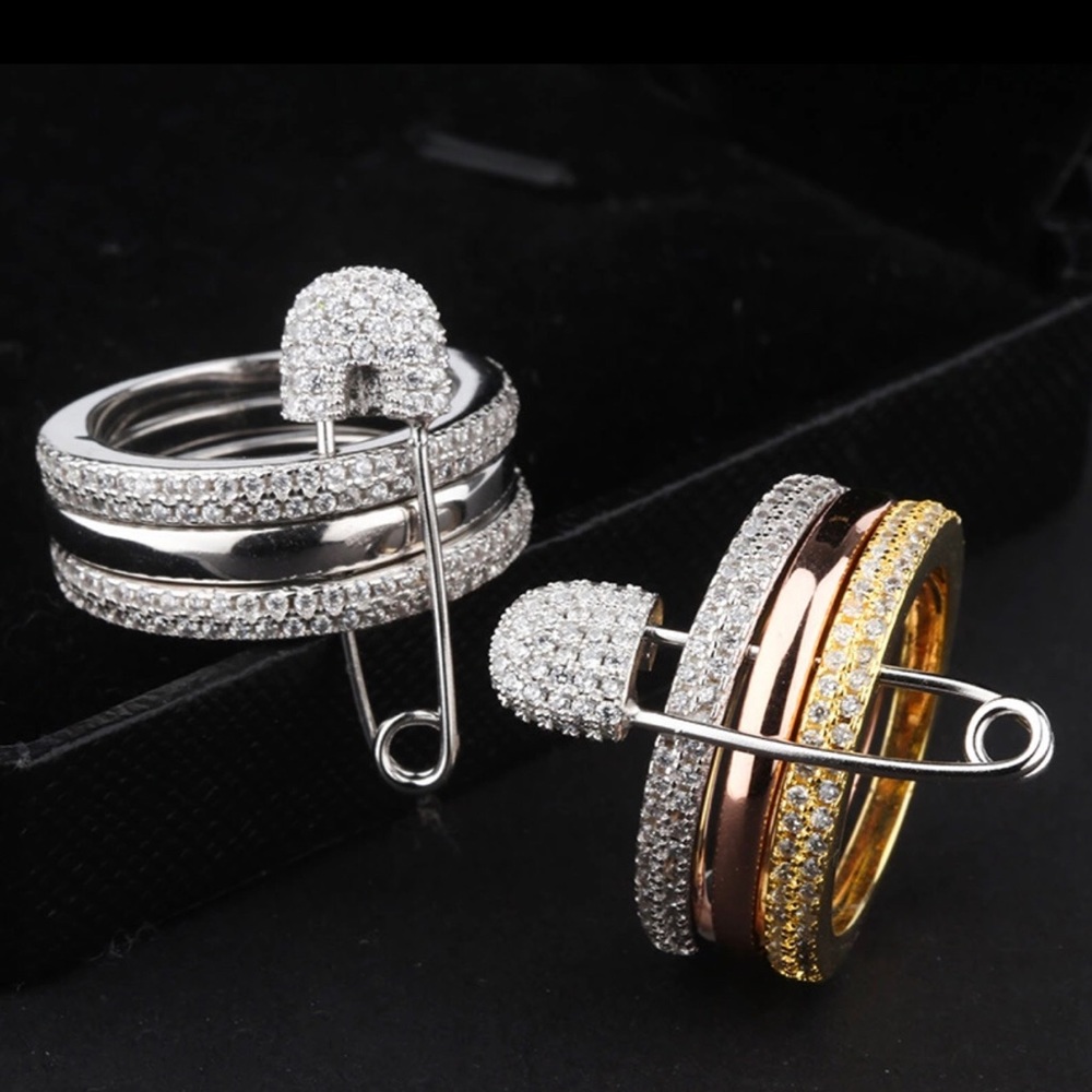 925 Sterling Silver ICED OUT SAFETY PIN RING SET